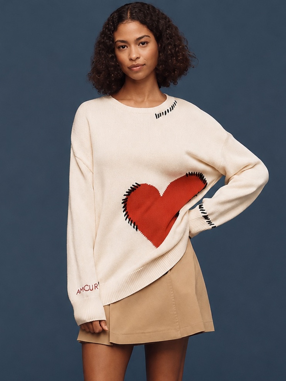 Anthropologie Maeve Crew-Neck Whipstitch Heart Icon Sweater Size XS